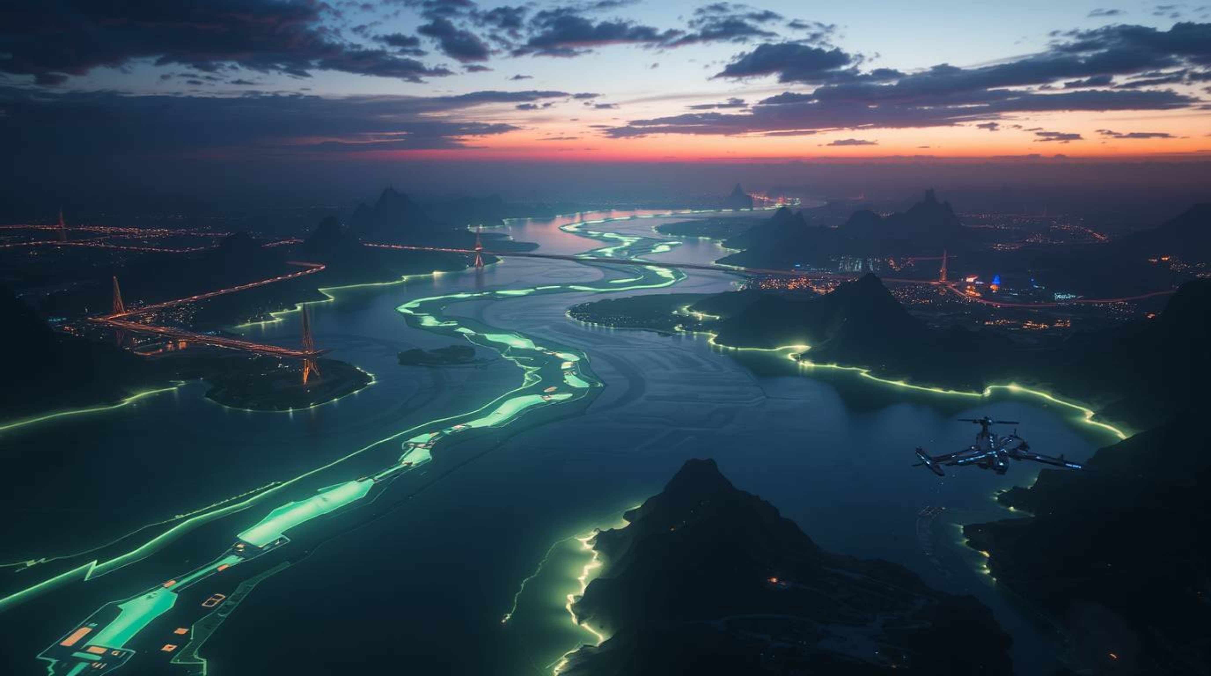 Immerse yourself in a futuristic sci-fi scene showcasing a glowing river delta bathed in twilight colors. This stunning artwo