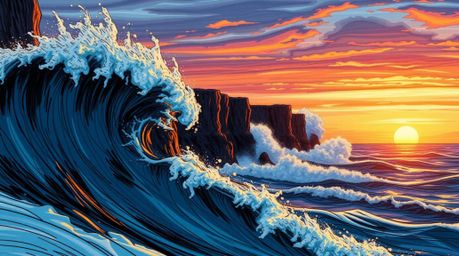 A captivating close-up hand-drawn sketch showcases detailed waves crashing dramatically against rugged cliffs at sunset.  Ren