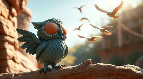 Experience the whimsical artistry of a sculptural clay owl, rendered in a delightful Pixar style, as it imparts the wisdom of
