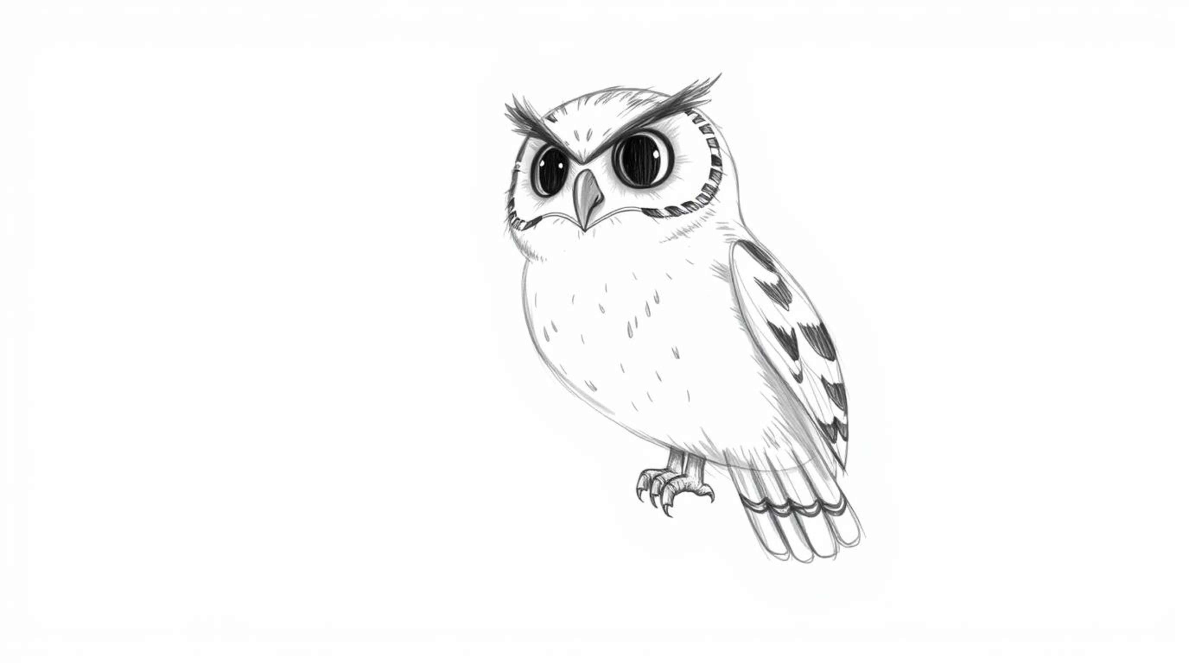 A heartwarming hand-drawn sketch in the style of Pixar depicts a blind owl, its soft, textured pencil strokes emphasized agai