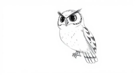 A heartwarming hand-drawn sketch in the style of Pixar depicts a blind owl, its soft, textured pencil strokes emphasized agai