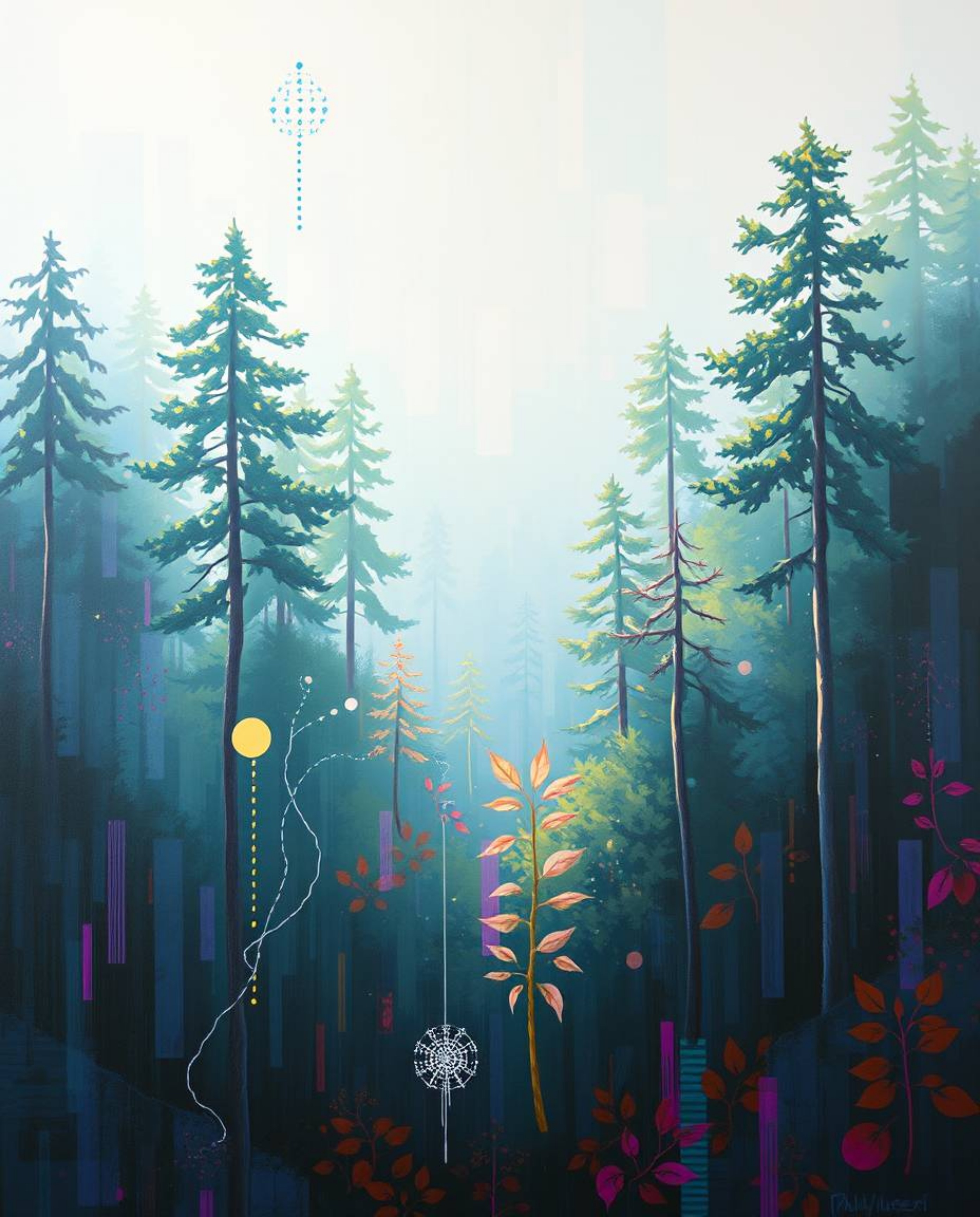 Explore a captivating acrylic painting that blends the natural world with digital disruption. This artwork depicts a serene f