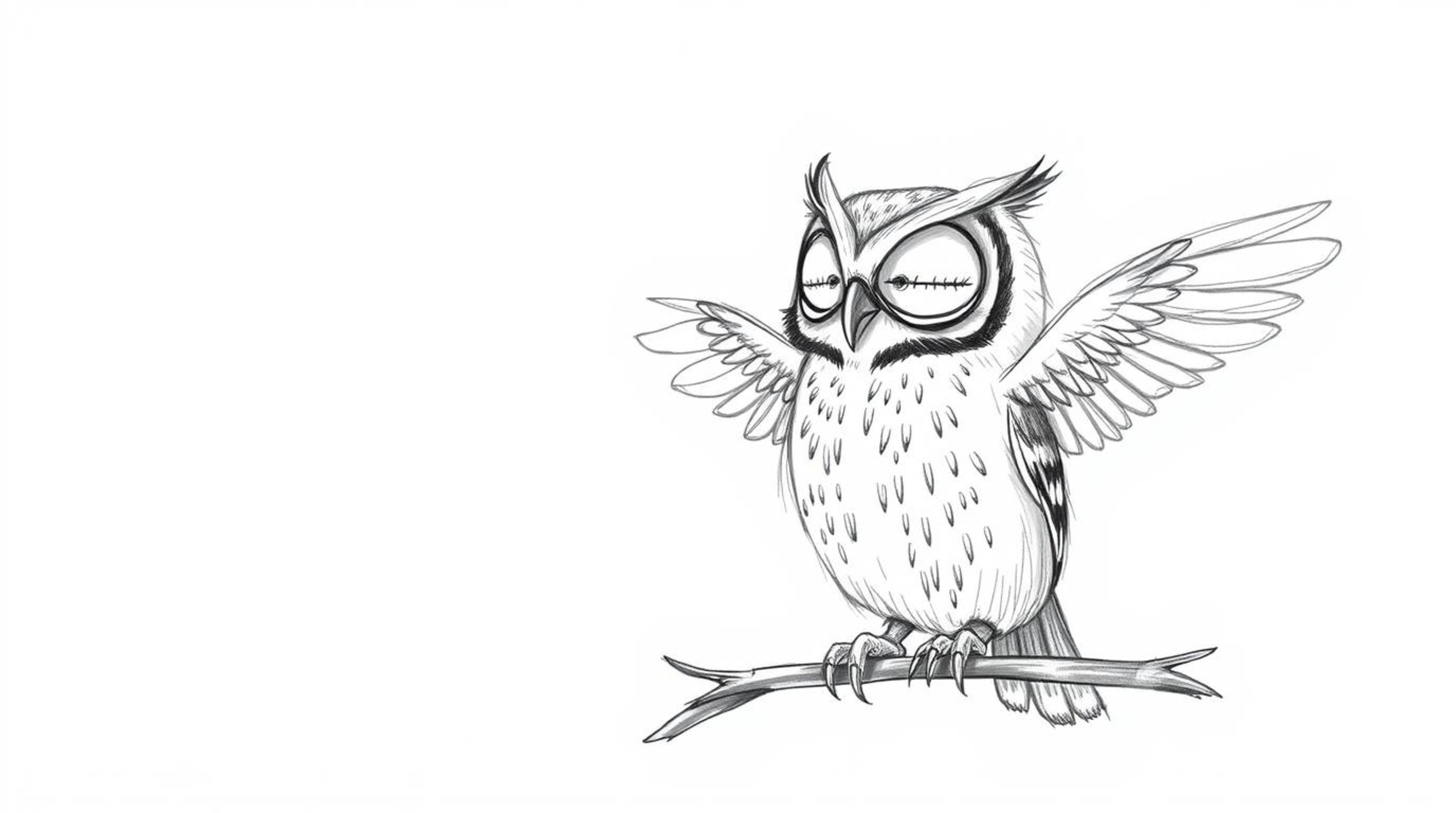 This is a whimsical hand-drawn sketch in the style of Pixar, featuring a blind owl with soft, textured pencil strokes against