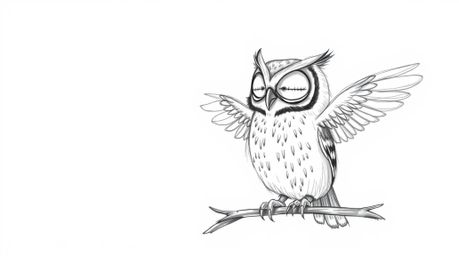 This is a whimsical hand-drawn sketch in the style of Pixar, featuring a blind owl with soft, textured pencil strokes against