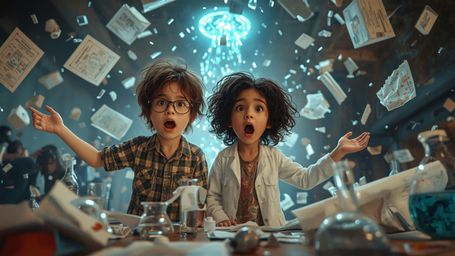 A vibrant, cinematic photograph, in a Pixar-inspired whimsical style, captures two ecstatic and bewildered science fair stude