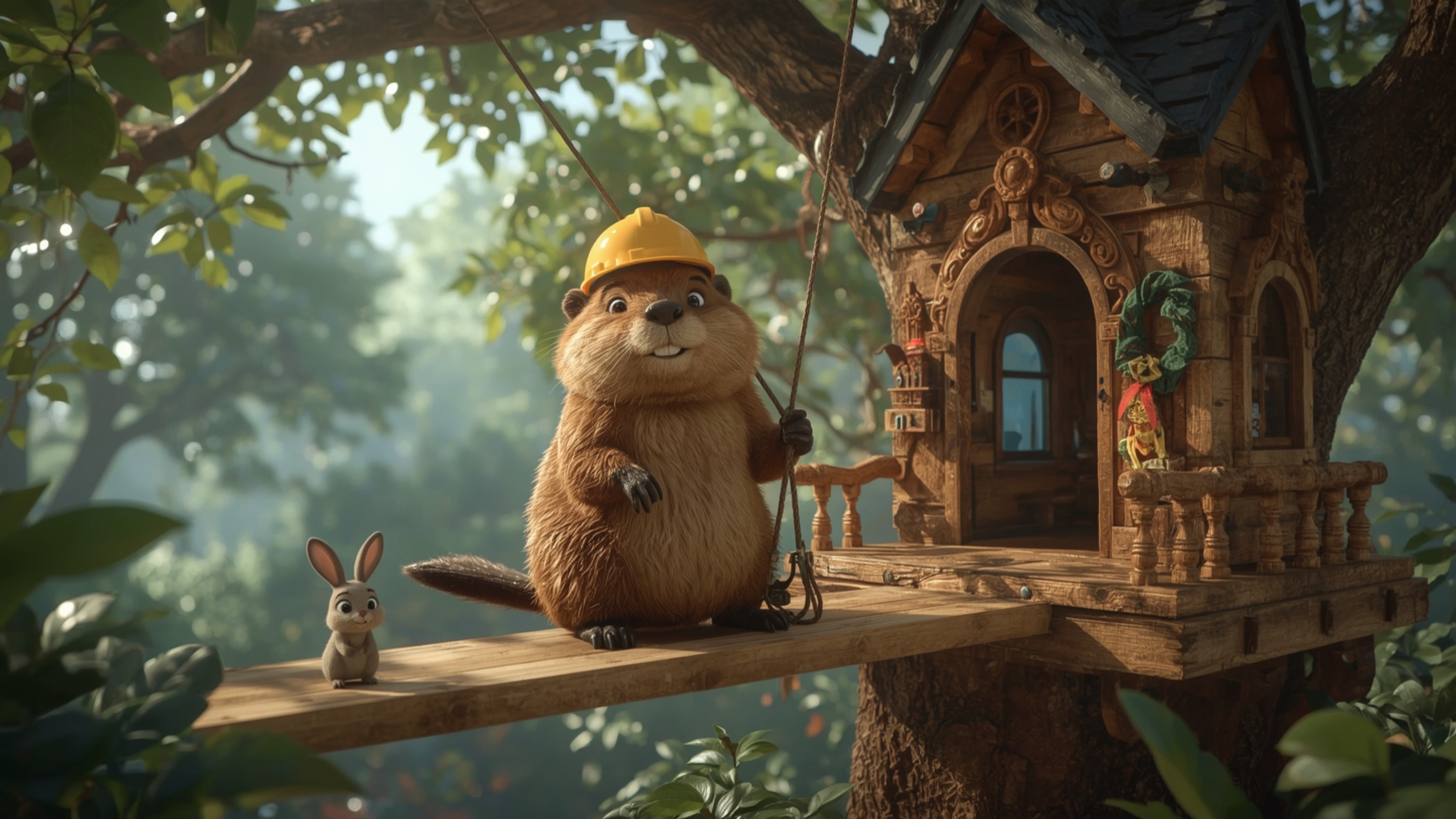 A highly detailed, high-resolution stock photo depicts a beaver with a warm, friendly expression, wearing a tiny construction