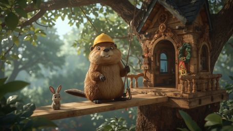 A highly detailed, high-resolution stock photo depicts a beaver with a warm, friendly expression, wearing a tiny construction