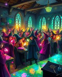 Enter a magical school brimming with young wizards, awash in a vibrant array of bioluminescent colors. This lively and energe