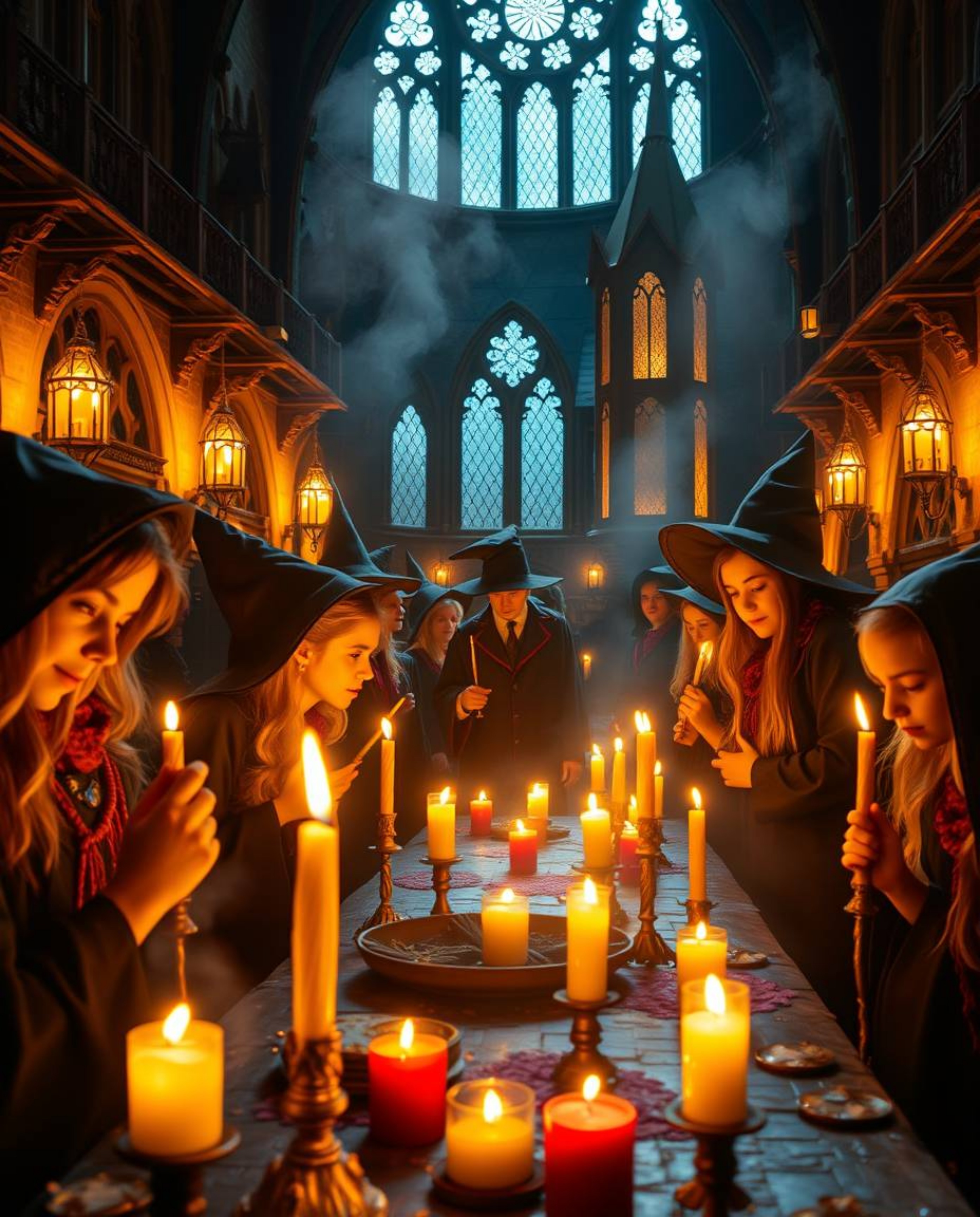 Step into a magical school bathed in the warm glow of candlelight, where young wizards hone their skills amidst flickering fl