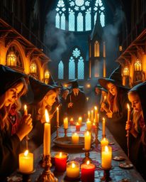 Step into a magical school bathed in the warm glow of candlelight, where young wizards hone their skills amidst flickering fl