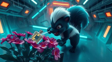 A whimsical scene unfolds from a high-angle perspective, showcasing a cartoon skunk in a futuristic sci-fi environment. The s