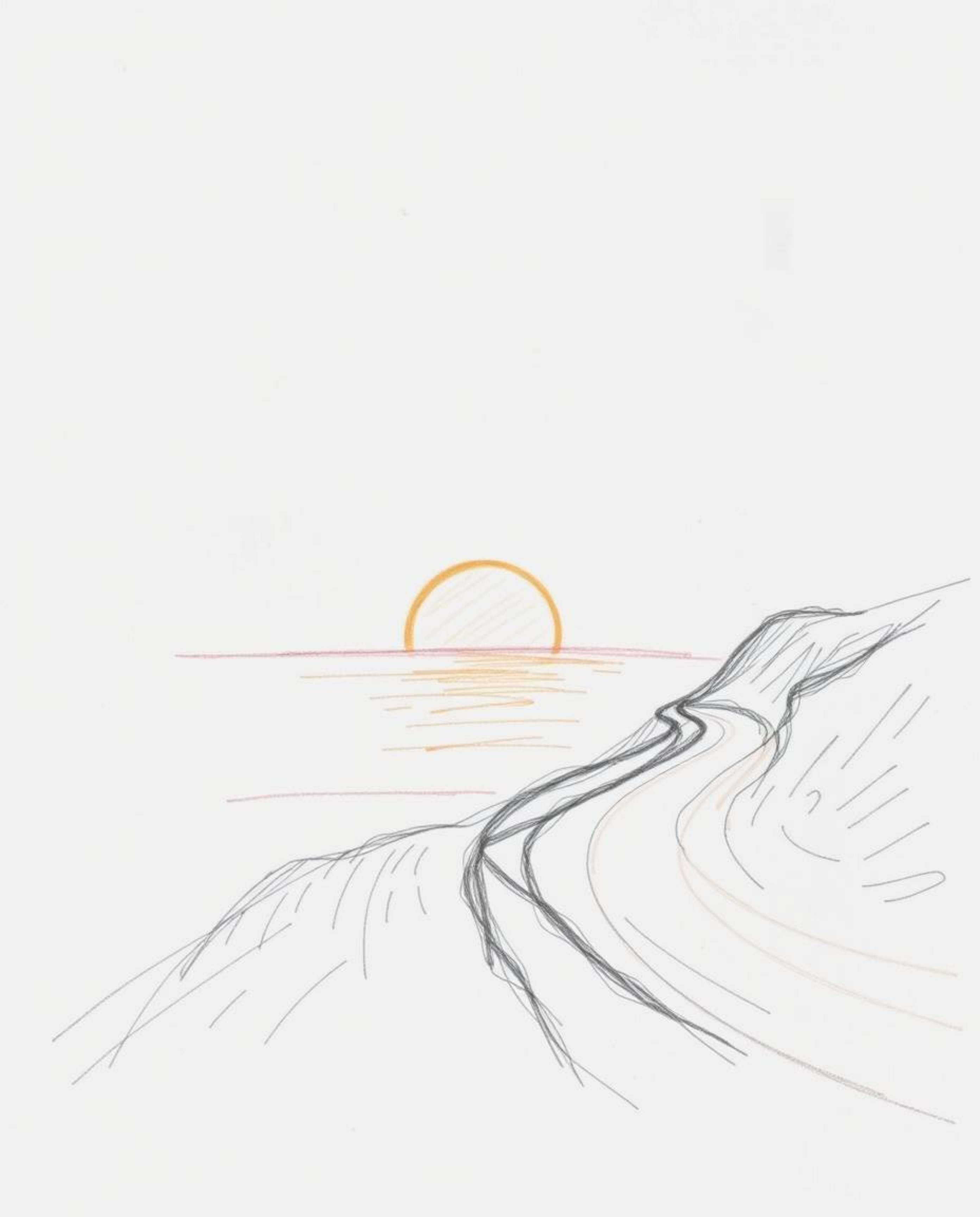 This hand-drawn sketch depicts a sunset over a winding coastal highway, characterized by its rough pencil strokes and a soft 