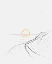 This hand-drawn sketch depicts a sunset over a winding coastal highway, characterized by its rough pencil strokes and a soft 
