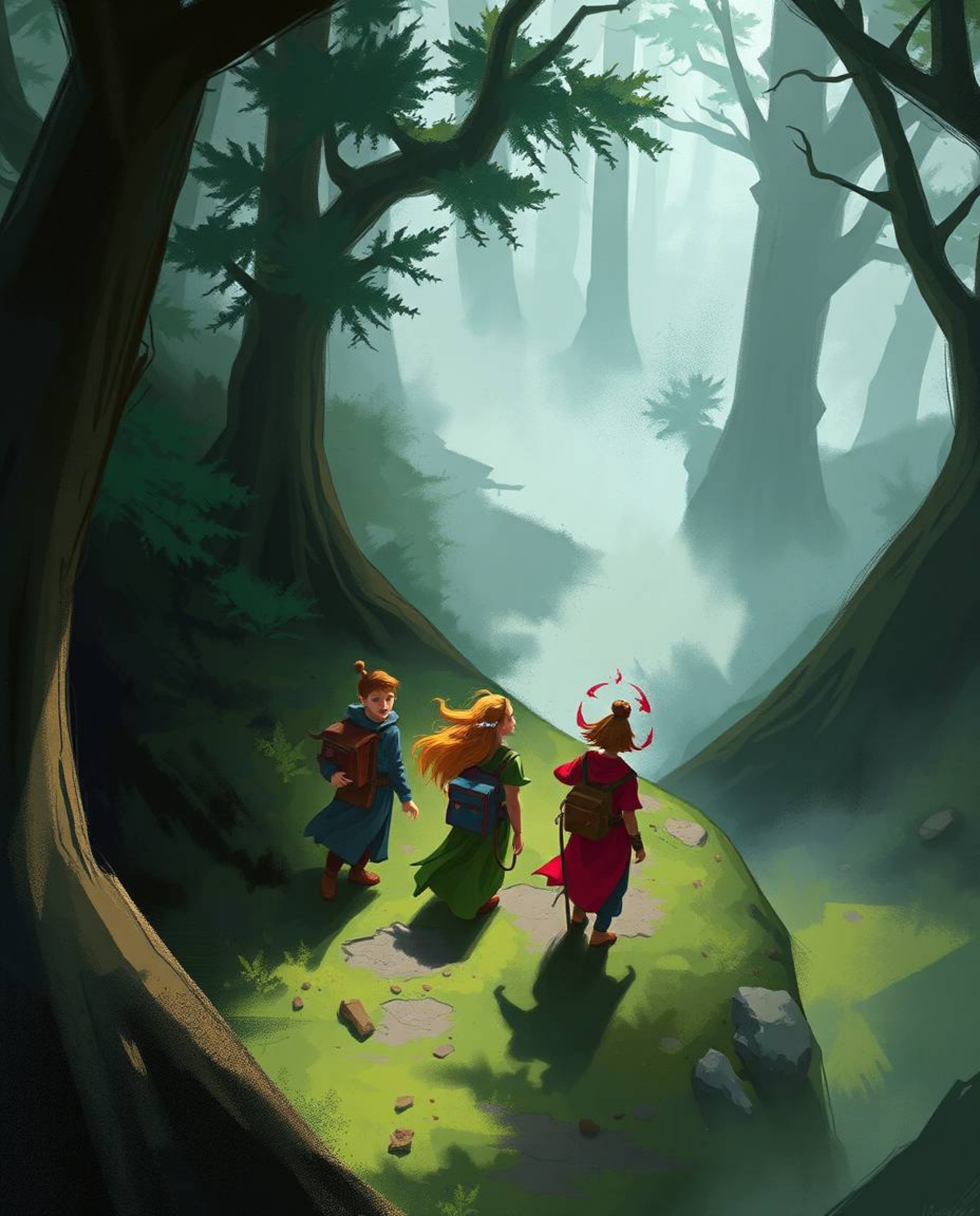 A dynamic digital sketch depicts a group of friends with unique powers exploring a vibrant fantasy forest. Rendered with loos
