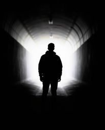 A striking silhouette photograph captures a person standing at the tunnel's edge, bathed in backlighting. The strong light so