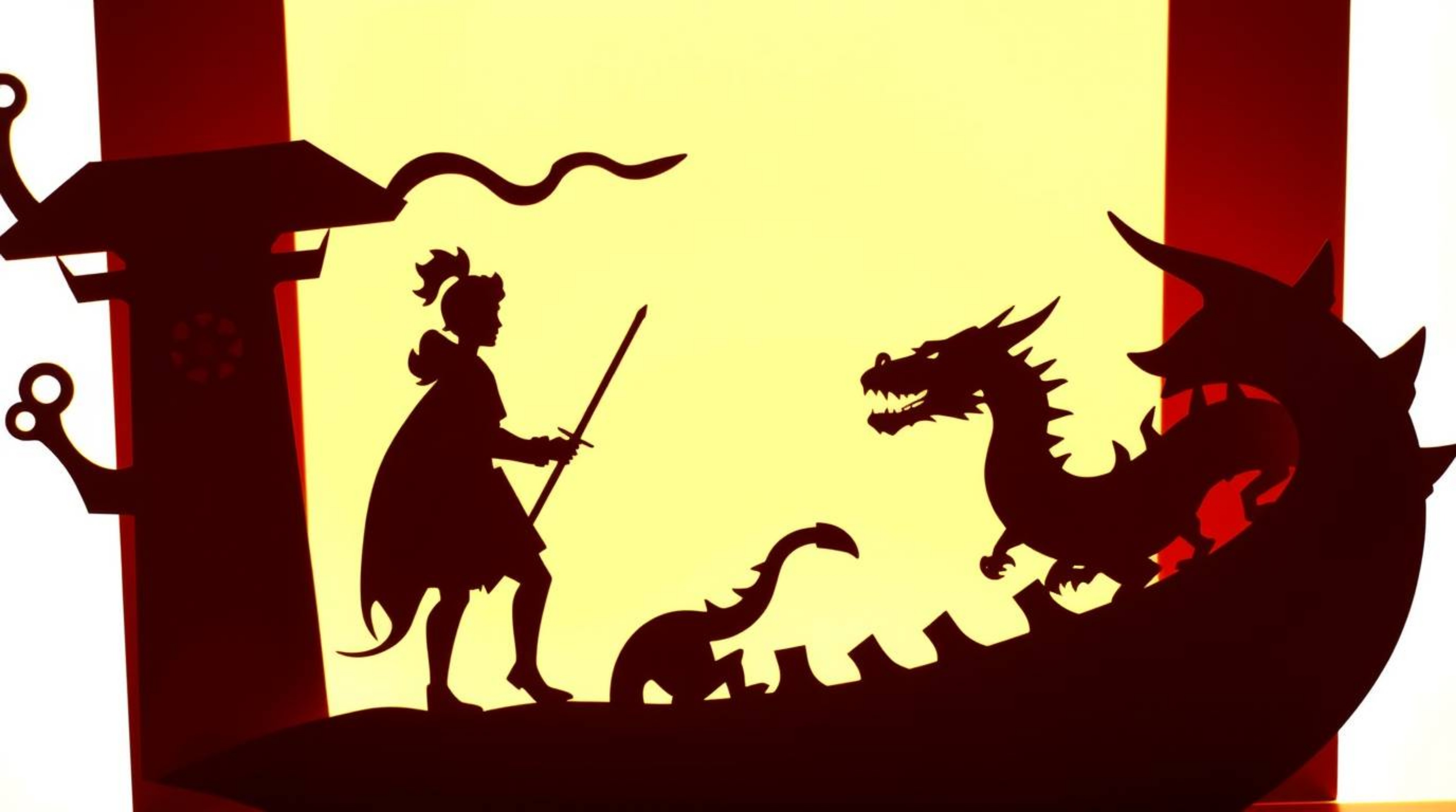 A silhouetted charming prince battling a dragon is rendered in an intricate origami style against a bright background, remini