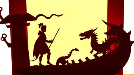 A silhouetted charming prince battling a dragon is rendered in an intricate origami style against a bright background, remini