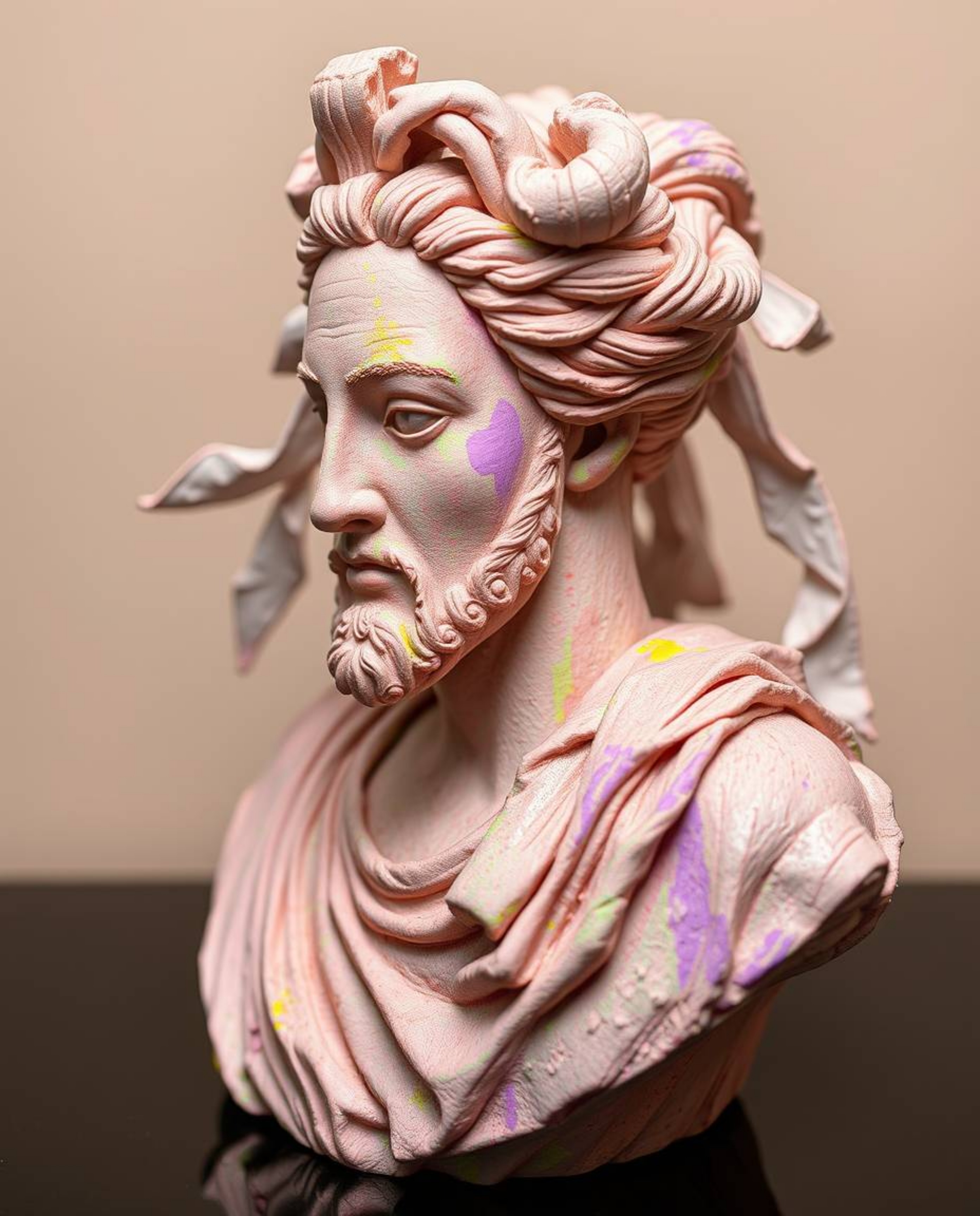 Discover a unique sculptural clay artwork blending the elegance of classical sculpture with a vibrant glitch effect.  This pi