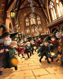 Immerse yourself in a dynamic illustration of a magical school bustling with young wizards, bathed in the warm hues of autumn