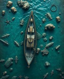 Discover a stunning top-down view of an underwater shipwreck meticulously rendered in cast bronze, showcasing a rich antique 