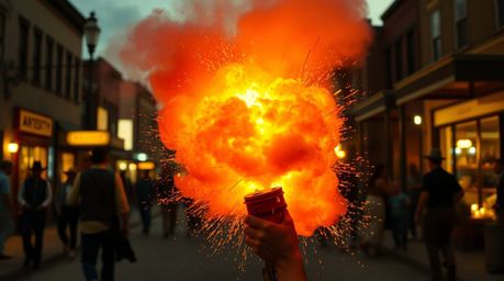 Capture the raw energy of the wild west with candid street photography showcasing a classic exploding TNT gag, bathed in a me