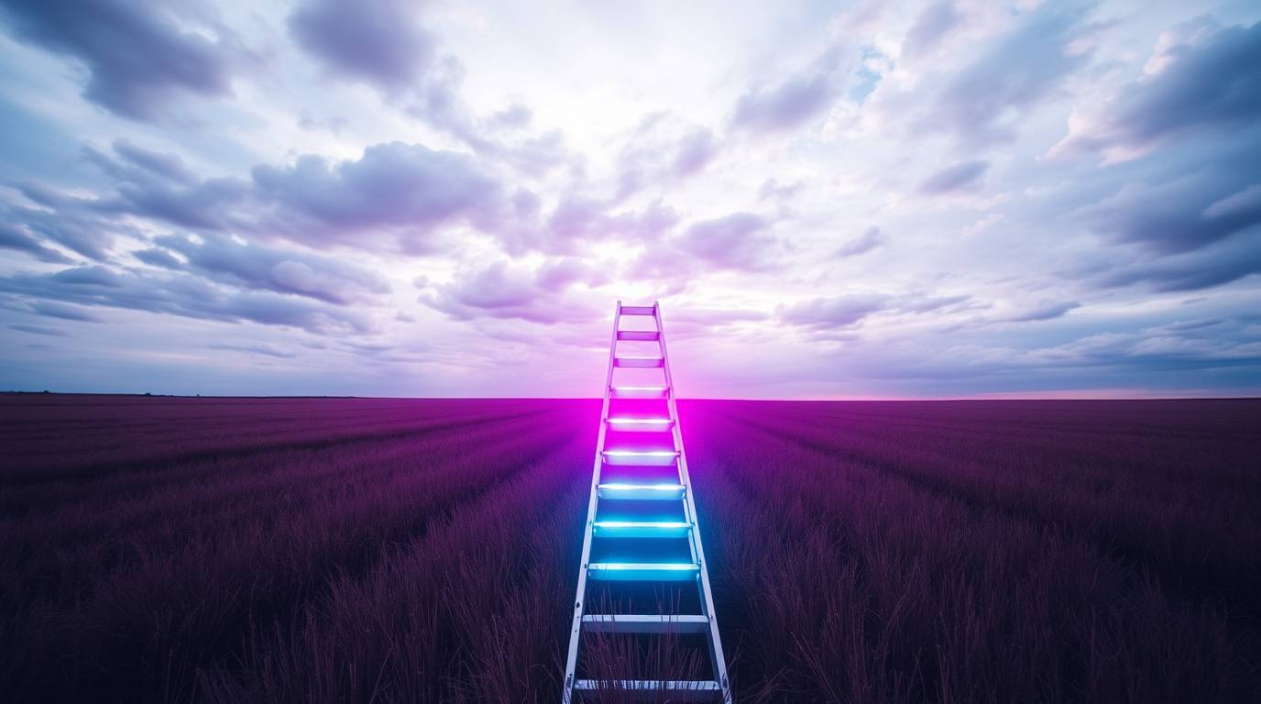 A captivating minimalist scene featuring a silver ladder standing in an open field under a wide, cloudy sky, rendered with bi