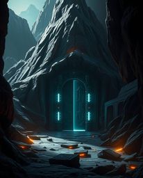 Explore a world where ancient mysteries meet futuristic technology. Imagine an ancient doorway, etched with glowing runes, em