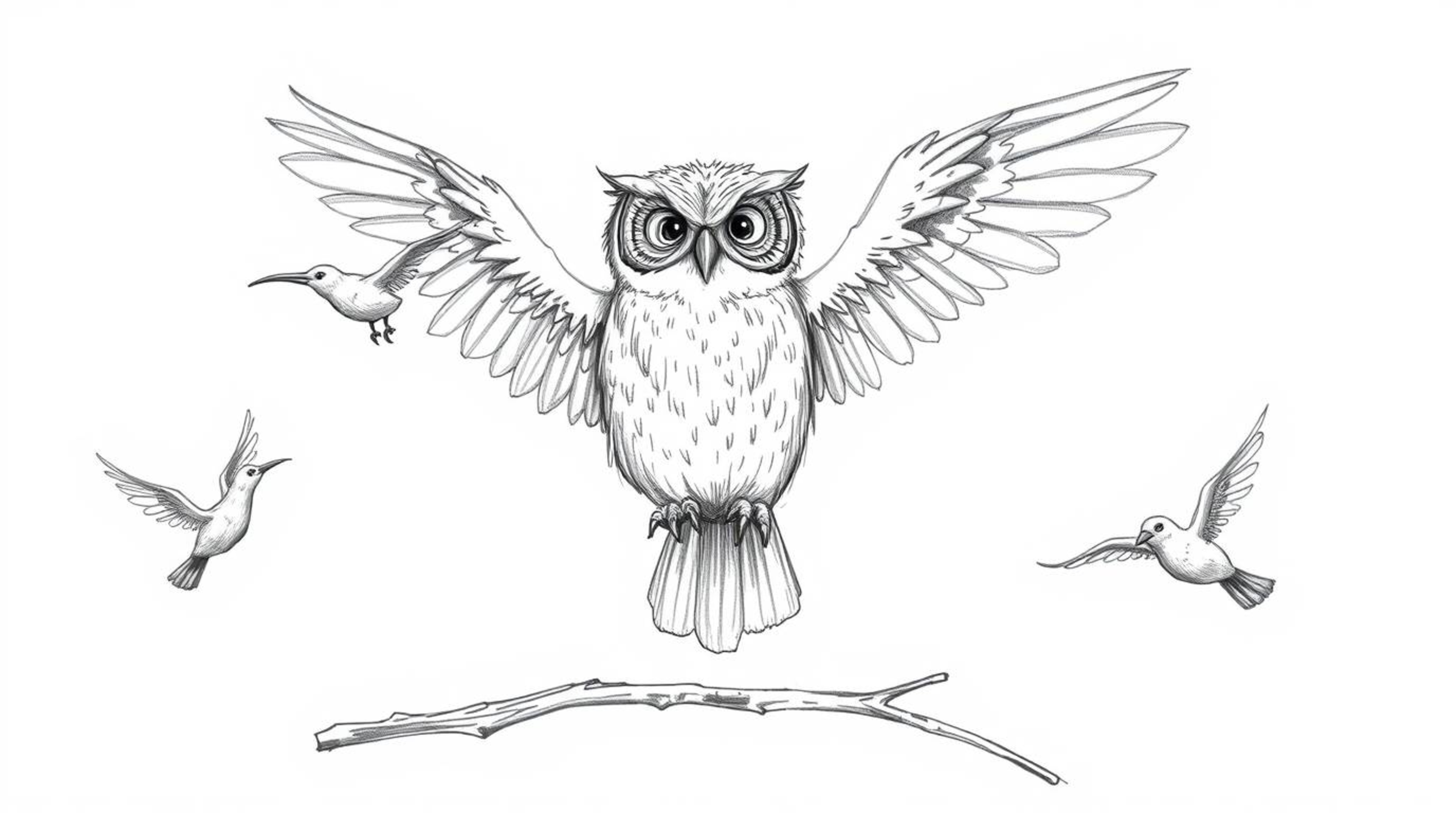 A Pixar-style, hand-drawn sketch features a blind owl rendered with textured pencil strokes, guiding birds in flight.  Surrou