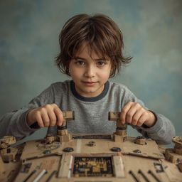 Exquisite high-fashion photography captures a young boy with bright, curious eyes building a remarkably detailed, functional 