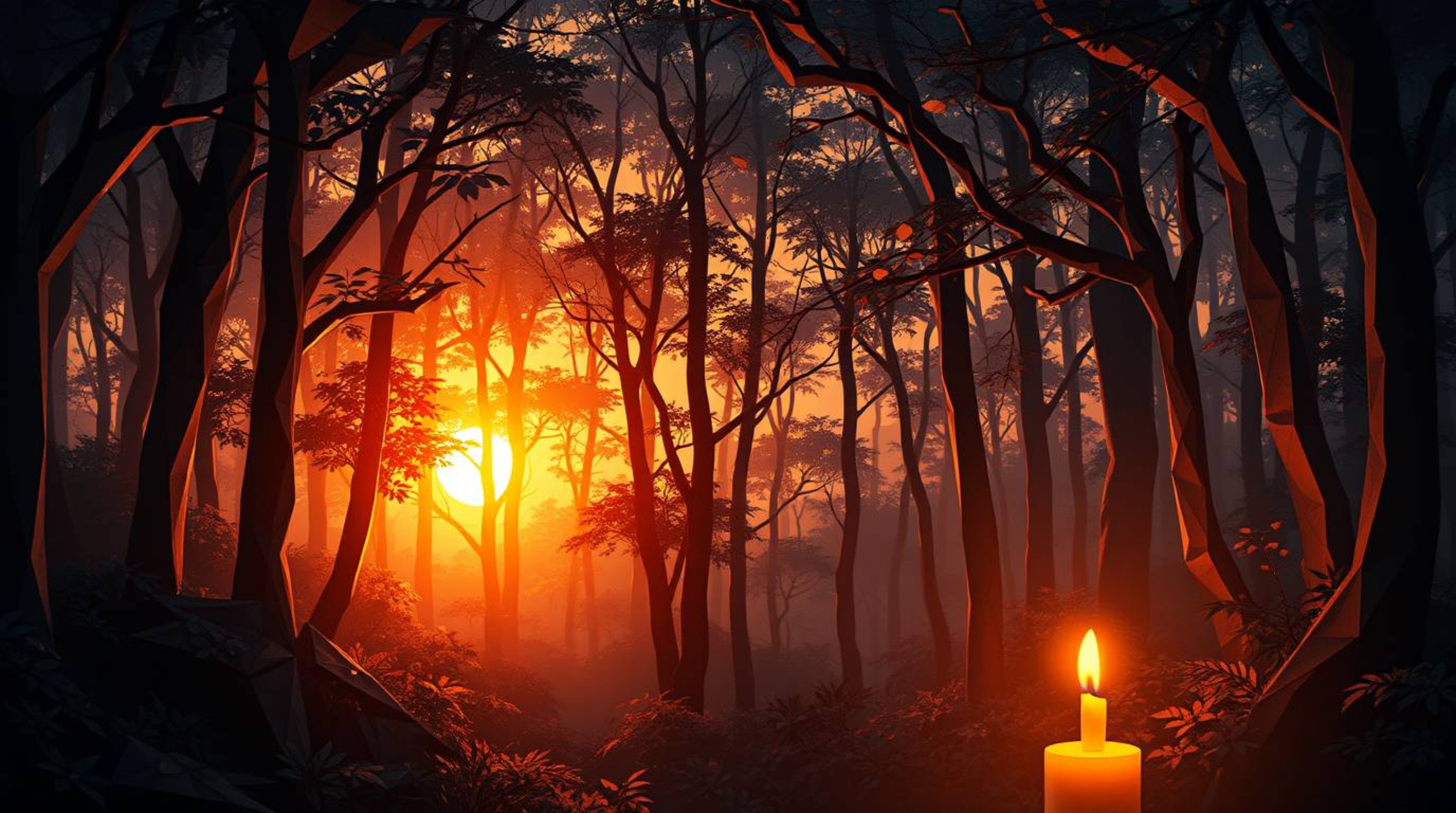 A captivating digital painting showcases a sunset scene within a dense forest, rendered in an intricate origami style.  The a