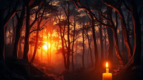 A captivating digital painting showcases a sunset scene within a dense forest, rendered in an intricate origami style.  The a