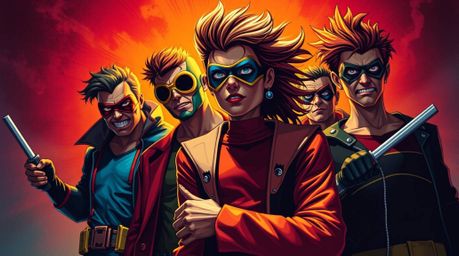 A captivating image showcases a team of misfit heroes, rendered in vibrant, complementary colors. The artwork features intens