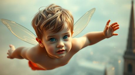 A charming young boy with cherubic features floats above the iconic London skyline, sprinkled with magical pixie dust.  The s