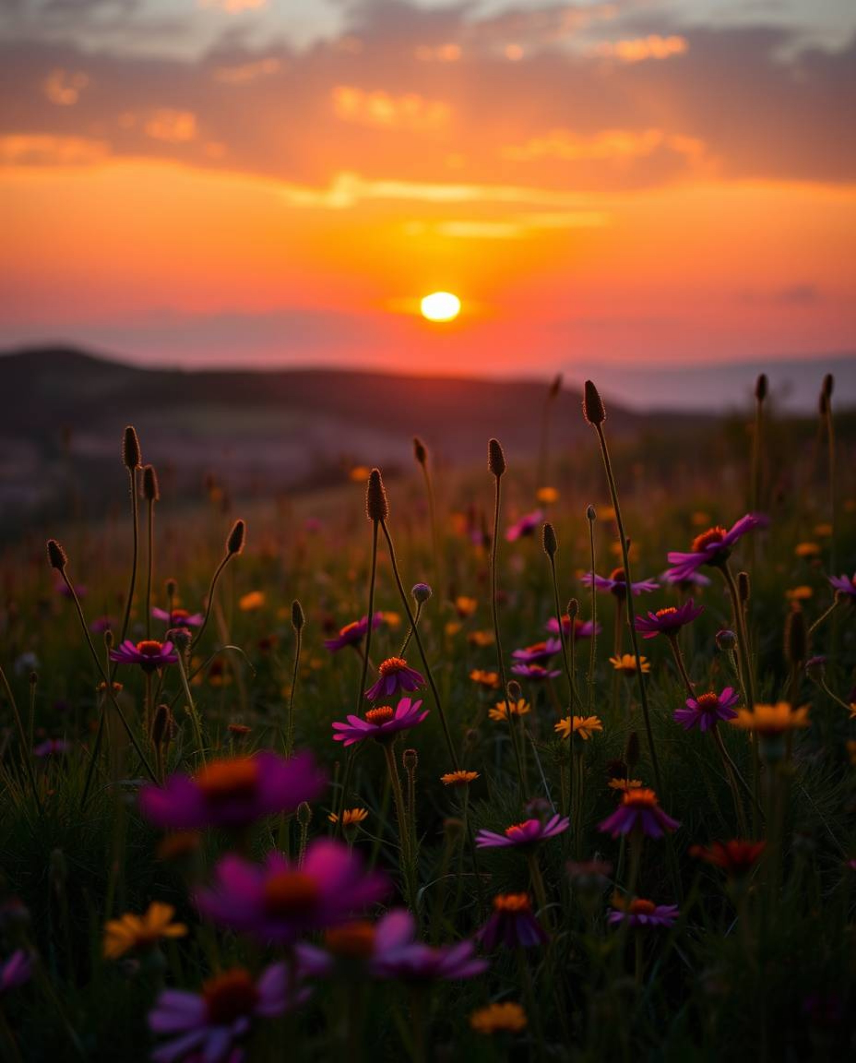 This is a dramatic, cinematic style image capturing a stunning sunset over a spring wildflower meadow. Utilizing bright, vibr