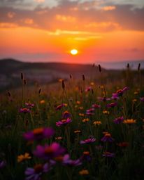This is a dramatic, cinematic style image capturing a stunning sunset over a spring wildflower meadow. Utilizing bright, vibr