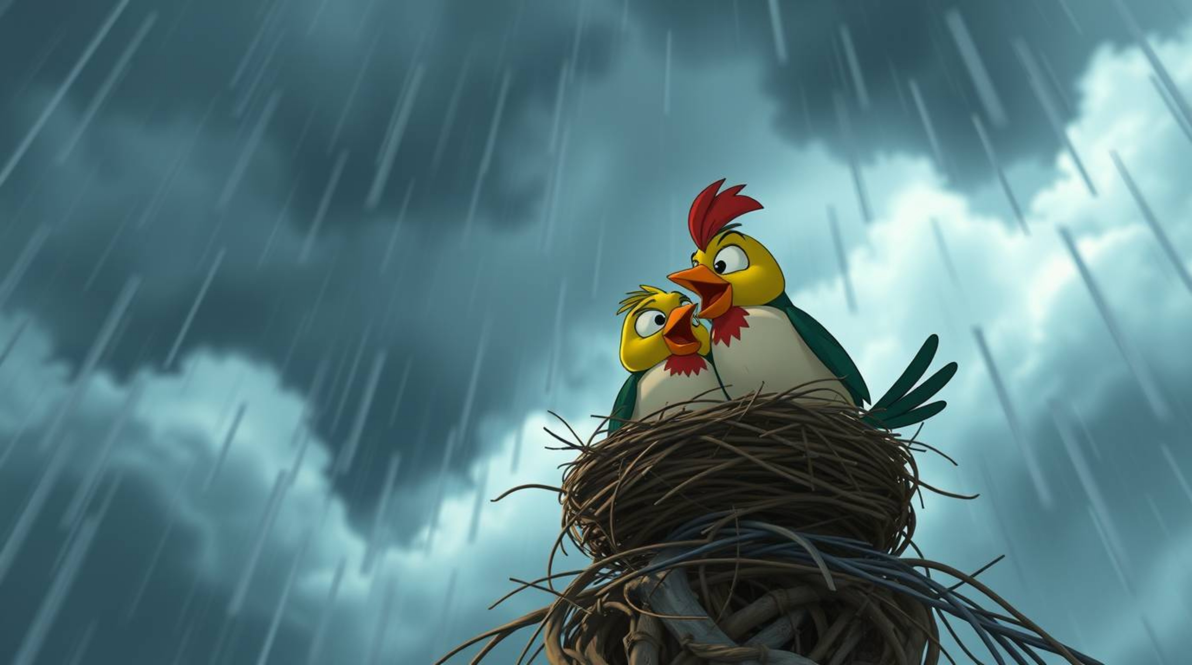 Experience intense, dramatic weather with an extreme macro close-up of two cartoon birds diligently building their nest in a 