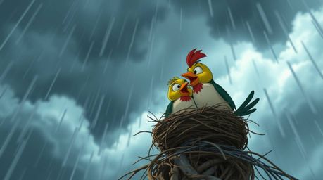 Experience intense, dramatic weather with an extreme macro close-up of two cartoon birds diligently building their nest in a