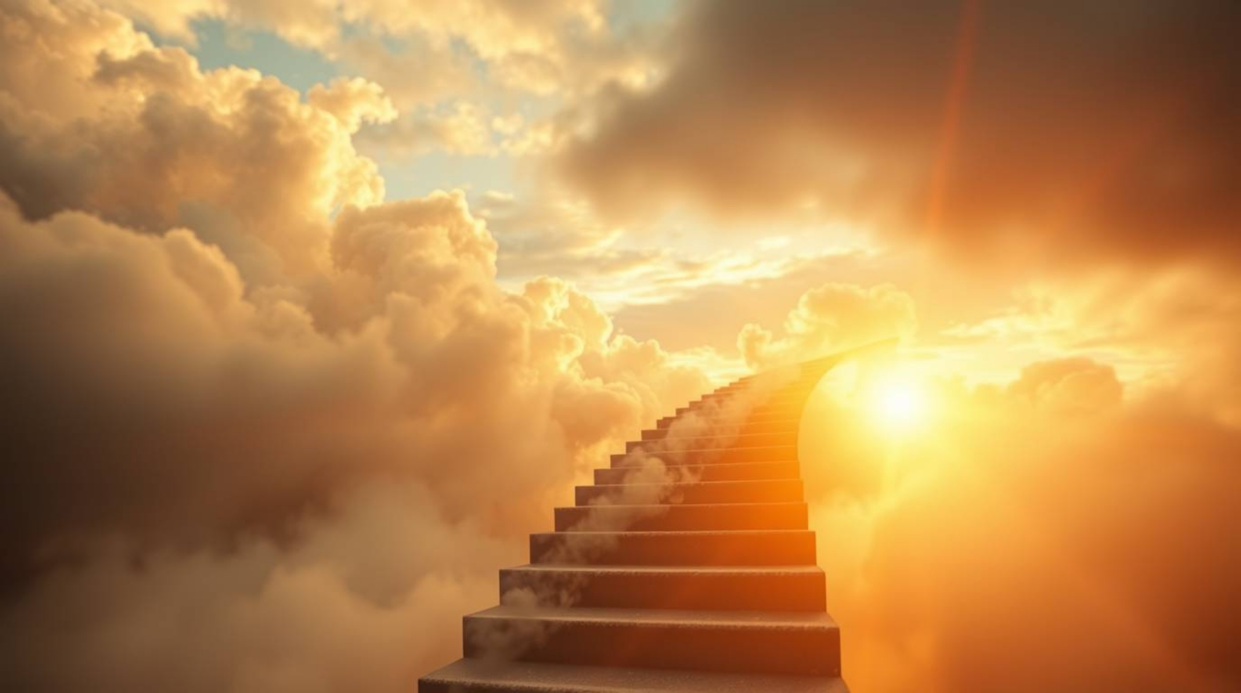 A winding stairway of smoke and light gracefully drifts into a vast, cloudy sky, symbolizing the journey into the unknown. Th