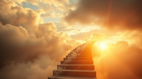 A winding stairway of smoke and light gracefully drifts into a vast, cloudy sky, symbolizing the journey into the unknown. Th