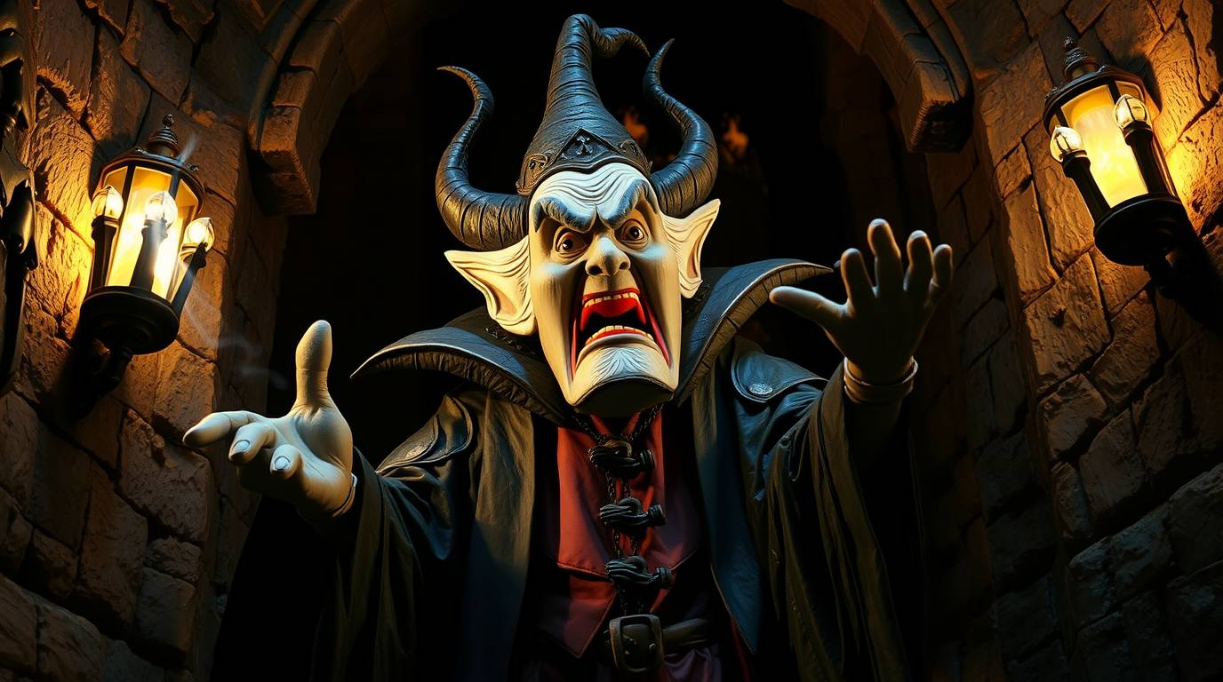 A captivating papier-mâché sculpture depicts a classic Disney villain casting a spell within an ancient castle.  Intense, dra