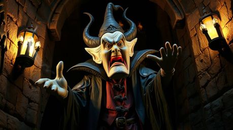 A captivating papier-mâché sculpture depicts a classic Disney villain casting a spell within an ancient castle. Intense, dra