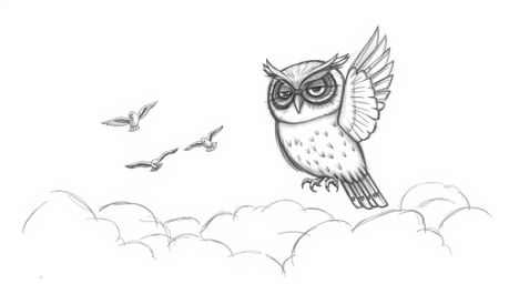 A heartwarming hand-drawn pencil sketch depicting a blind owl, rendered in the style of Pixar, teaching birds to fly above fl