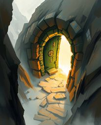 A captivating digital sketch depicts an ancient doorway, etched with glowing runes, embedded within a majestic mountain. The 