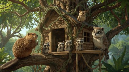 A high-resolution, commercial-grade stock photo, reminiscent of Pixar's signature style, depicts a beaver and a diverse group