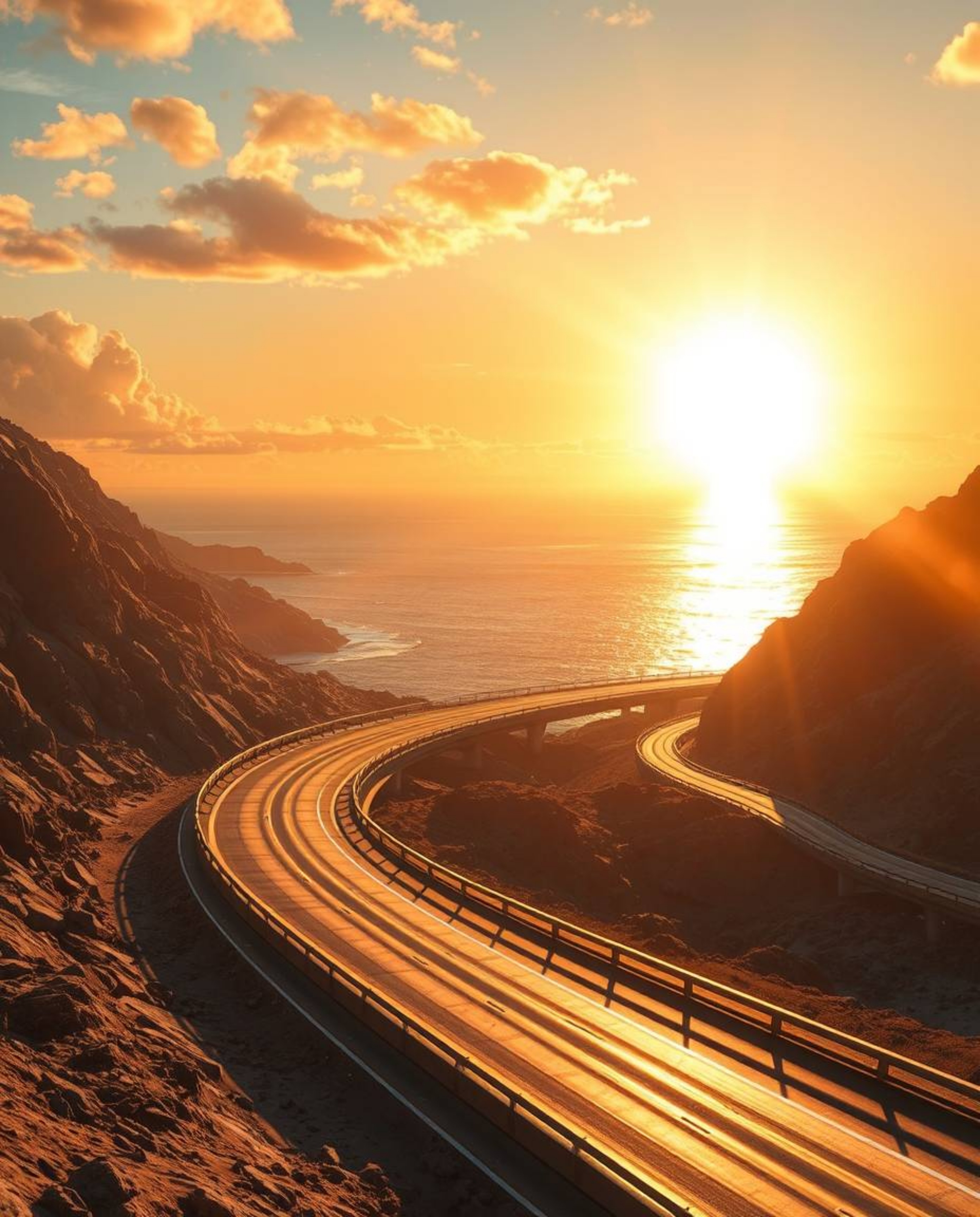This is a futuristic sci-fi digital painting that imagines a sunset sky over a winding coastal highway. The scene is illumina