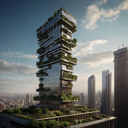 Experience breathtaking panoramic views from a sleek, futuristic skyscraper featuring a stunning rooftop garden. This modern 