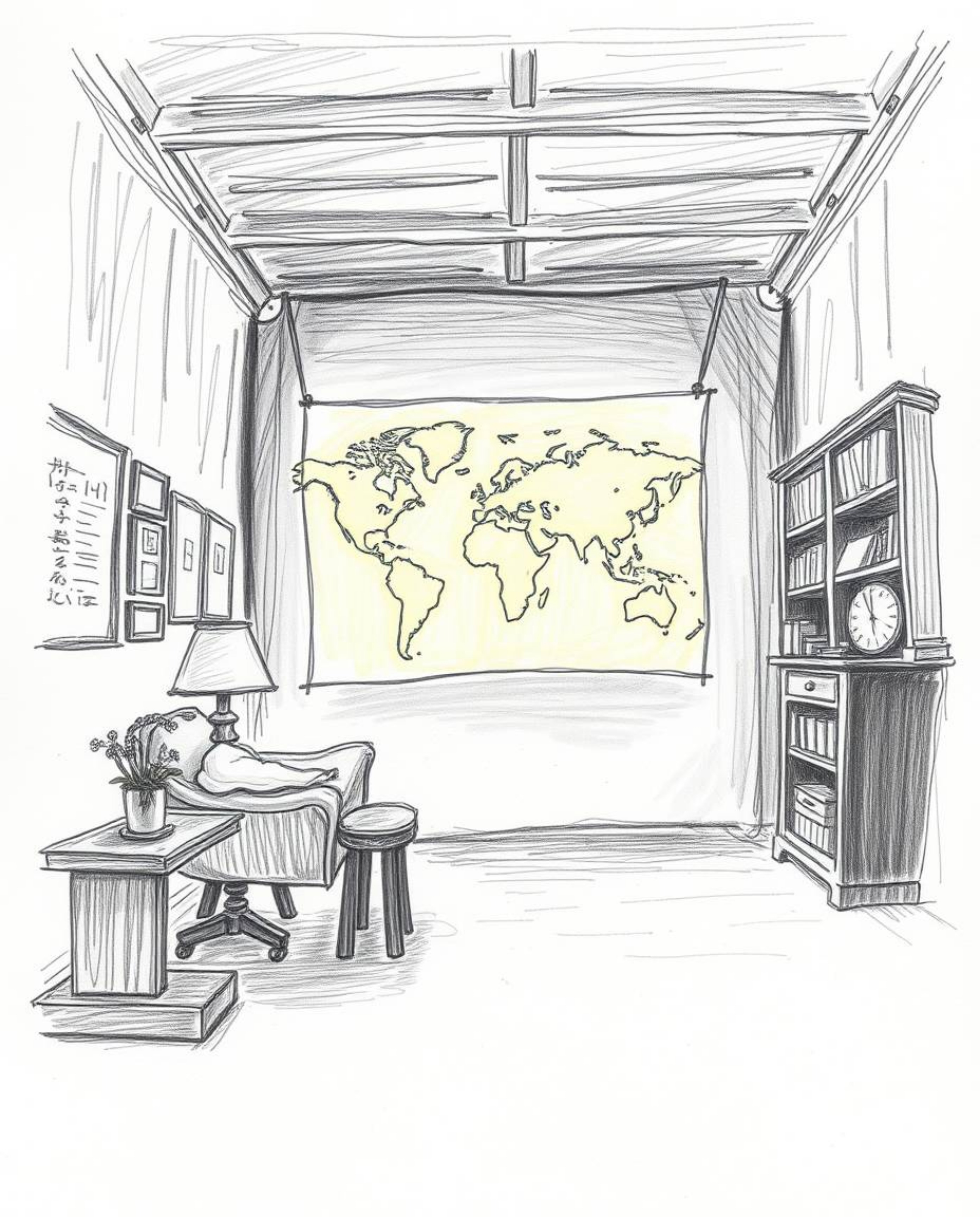 A captivating hand-drawn sketch portrays a glowing map projected onto the walls of an old study. The image evokes a soft, dre