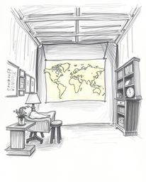 A captivating hand-drawn sketch portrays a glowing map projected onto the walls of an old study. The image evokes a soft, dre