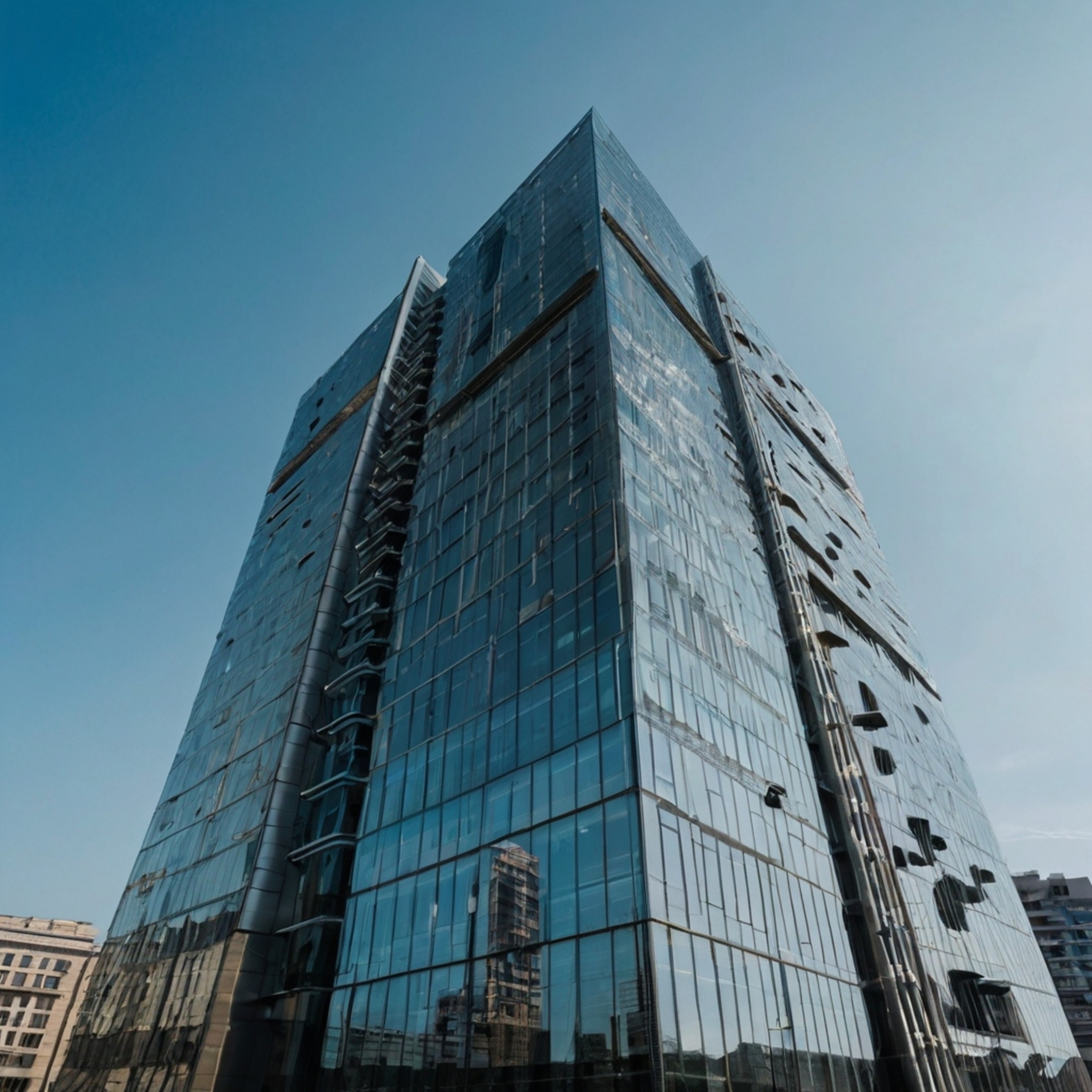 This sleek glass office tower boasts a minimalist design that elegantly reflects the vibrant blue sky and the dynamic citysca