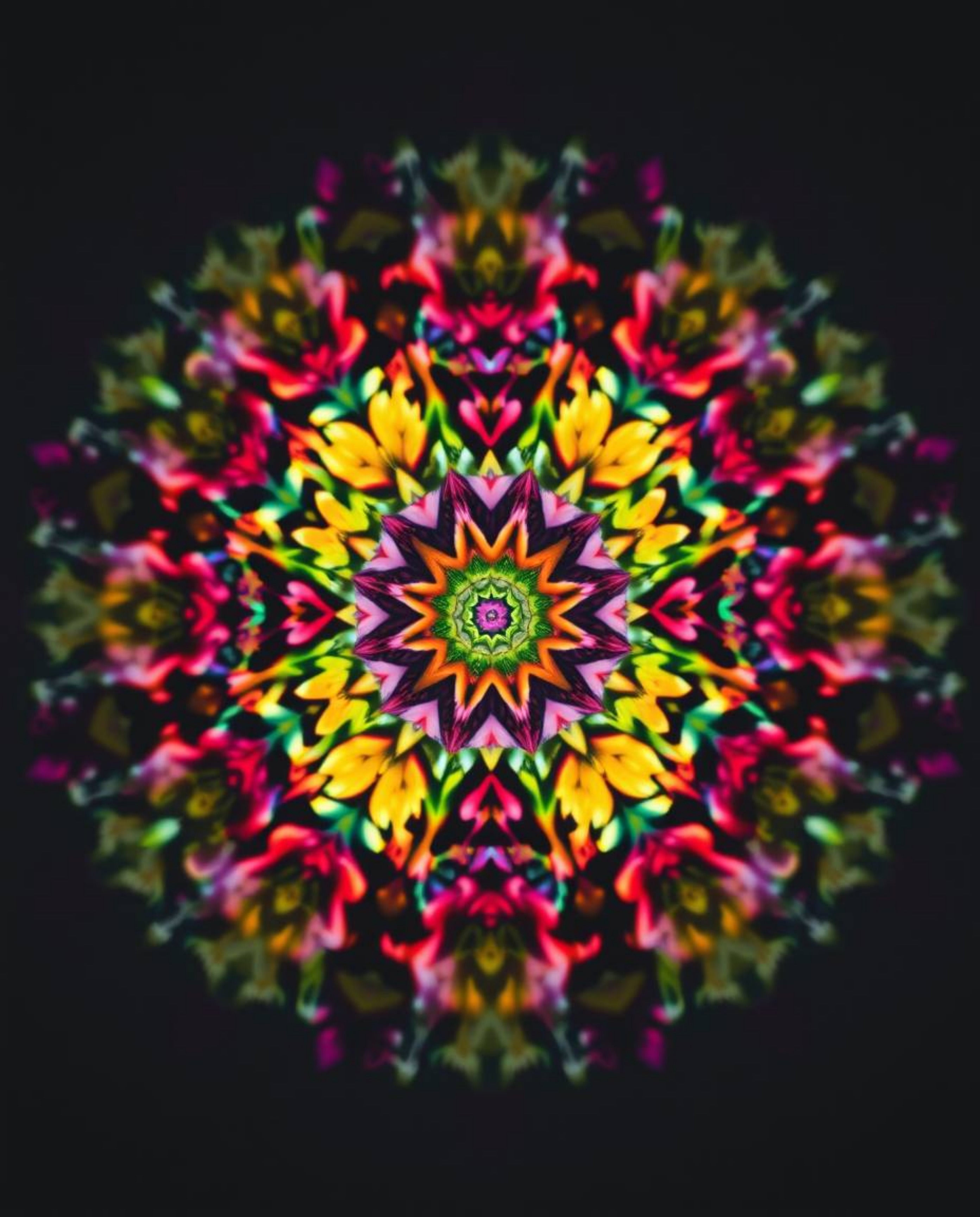 This image showcases a captivating long exposure photograph of a geometric floral mandala, blending vibrant colors with unset